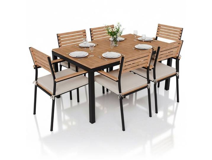 Salon de jardin en bois d'acacia - JUSKYS - Rhodos - Table rectangulaire - 6 chaises - Coussins inclus