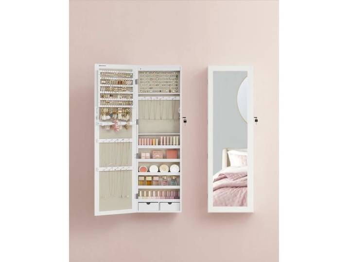 Armoire à Bijoux - SONGMICS - Blanc Boisé et Beige - Miroir et Compartiments Verrouillables