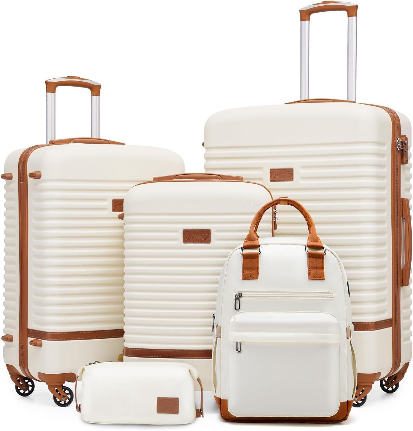 Koffer, Trolleykoffer, Reisekoffer, Hartschalenkoffer aus ABS, mit Rollen, 4 Rädern, TSA-Schloss. Der Koffer enthält einen Reisrucksack und eine Toilettasche, Farbe: weiß/braun. Koffer-Set, 5 Teile
