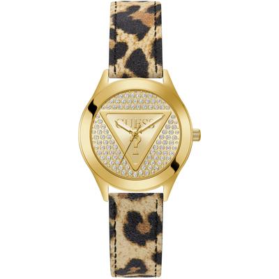 Quarzuhr GUESS "GLITZ PLAQUE", beige (schwarz, braun, beige), Armbanduhren, Damen, Quarzuhr, Armbanduhr, Damenuhr, Lederarmband