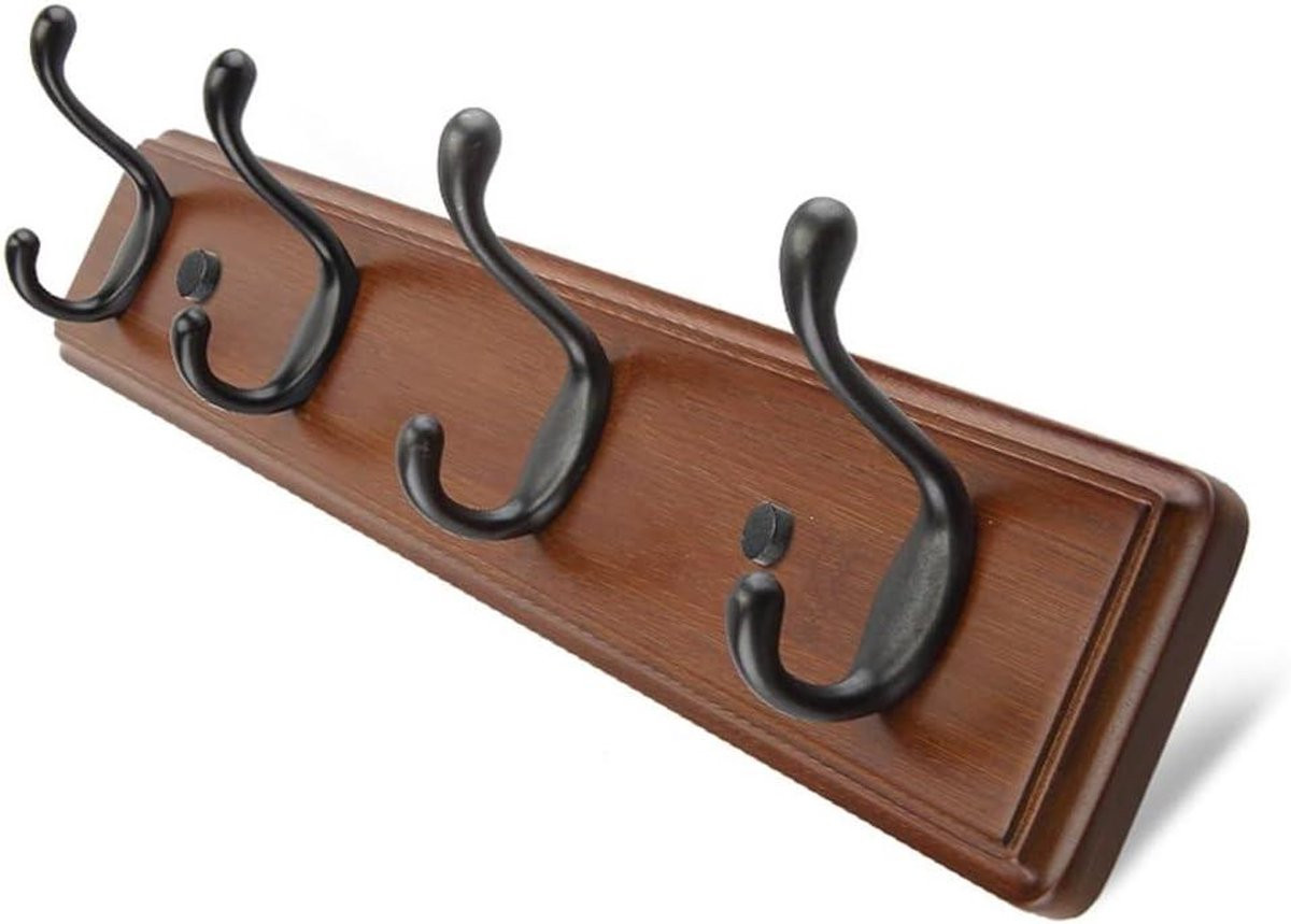Bruine bamboe wandhaak met 4 haken voor organisatie in de hal, slaapkamer, badkamer of keuken