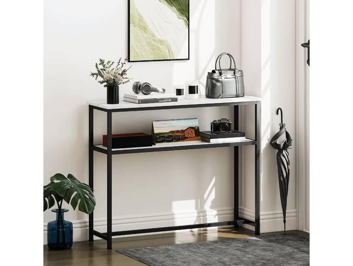 HOMCOM Console Étroite Effet Marbre Blanc Métal 100x30x81 cm