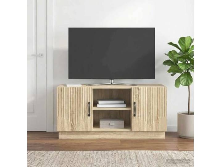 TV-Schrank 102 x 34,5 x 47 cm Sonoma-Eiche Holzwerkstoff mit Fächern Moderner TV-Ständer, robuste Holzwerkstoff-Konstruktion, vielseitige Fächeraufteilung, pflegeleichte Oberfläche, kompaktes