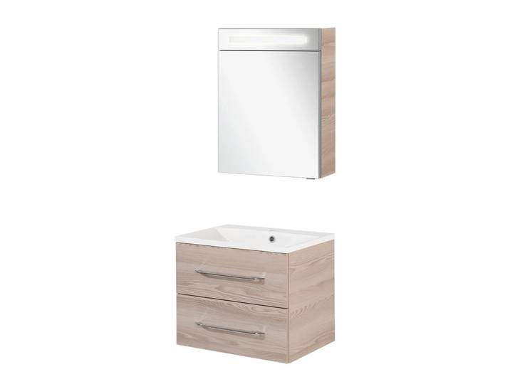 FACKELMANN B.CLEVER Waschtisch Set mit Spiegelschrank 60 cm breit, Braun hell, Waschbecken Gussmarmor Weiß