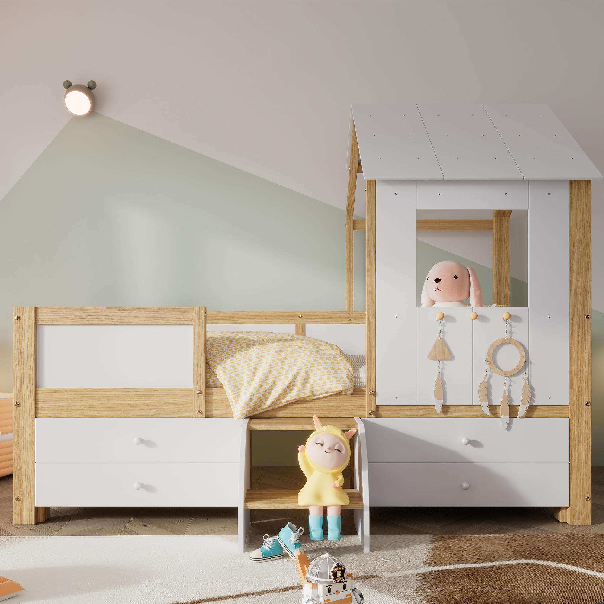 Kinderbett 90x200 cm, Kiefer, MDF und Sperrholz, mit 4 Schubladen, weiß-naturfarbenes Hausbett als Halbhochbett mit Dach, Fenster, Zaun und Treppe