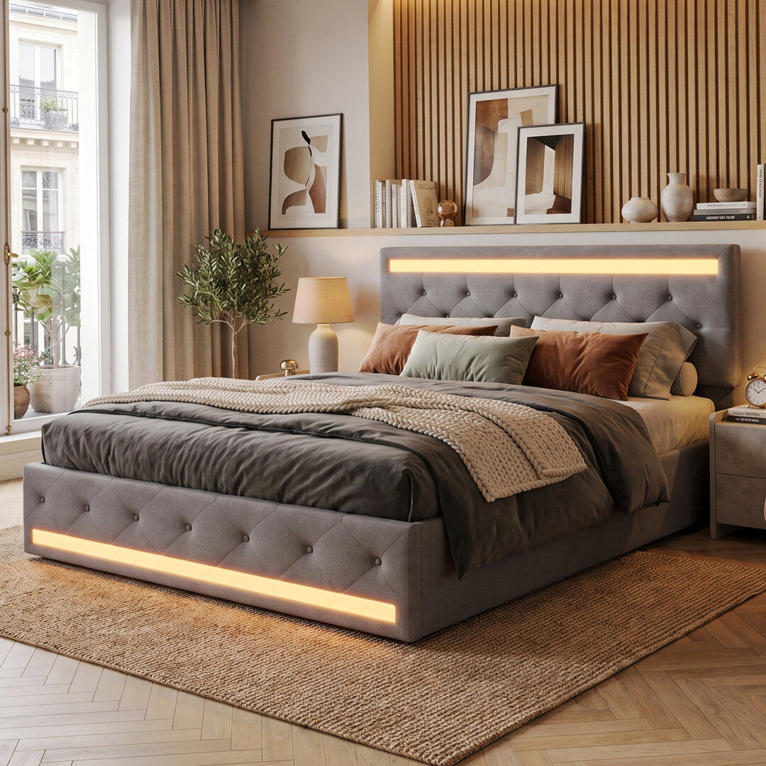 Metro UK&EU Size Smart LED Linen Upholstery Drawer Storage Bed With Charging Station Headboard, 2 USB&1 Type-C, Dark Grey, 90/140/160X190/200cm) Grey Kingsize (5')