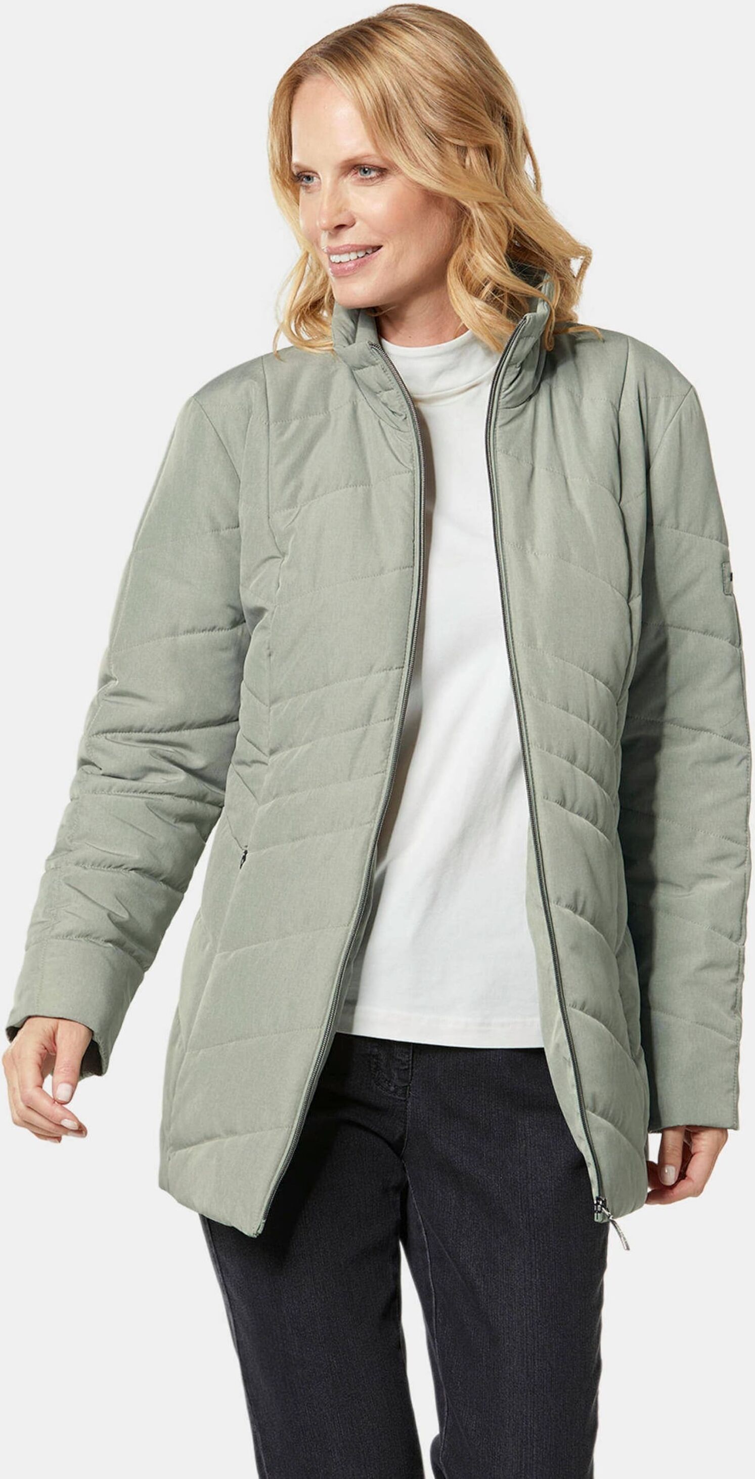 Steppjacke GOLDNER "Warme Steppjacke in Jeansoptik", Damen, Gr. 42, grün (baummoos, melange), Obermaterial: 100% Polyester PES., weit Sonstiges, Jacken Steppjacke, Sehenswerte Melange-Optik
