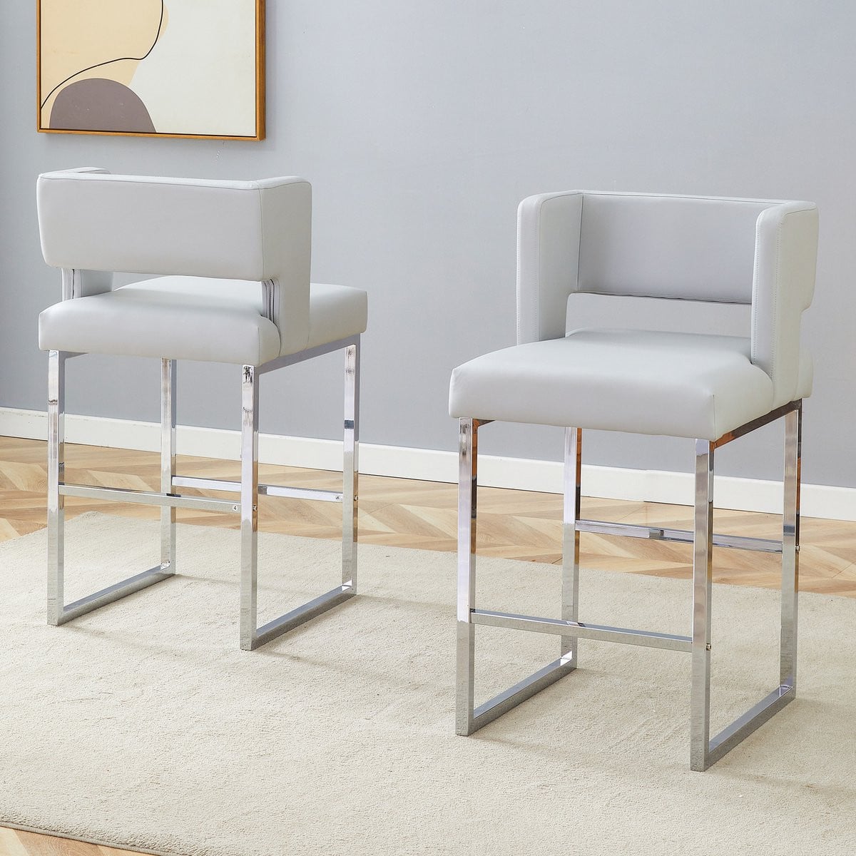 Set van 2 Nordic Wind Barstoelen met modern vierkant design en metalen poten - Lichtgrijs / Zilver
