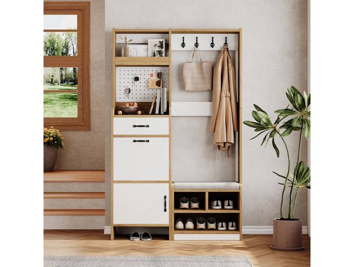 Meuble d'entrée 108 5x35x180 cm avec banc porte-manteau meuble à chaussures tiroir et rangements ouverts blanc/chêne