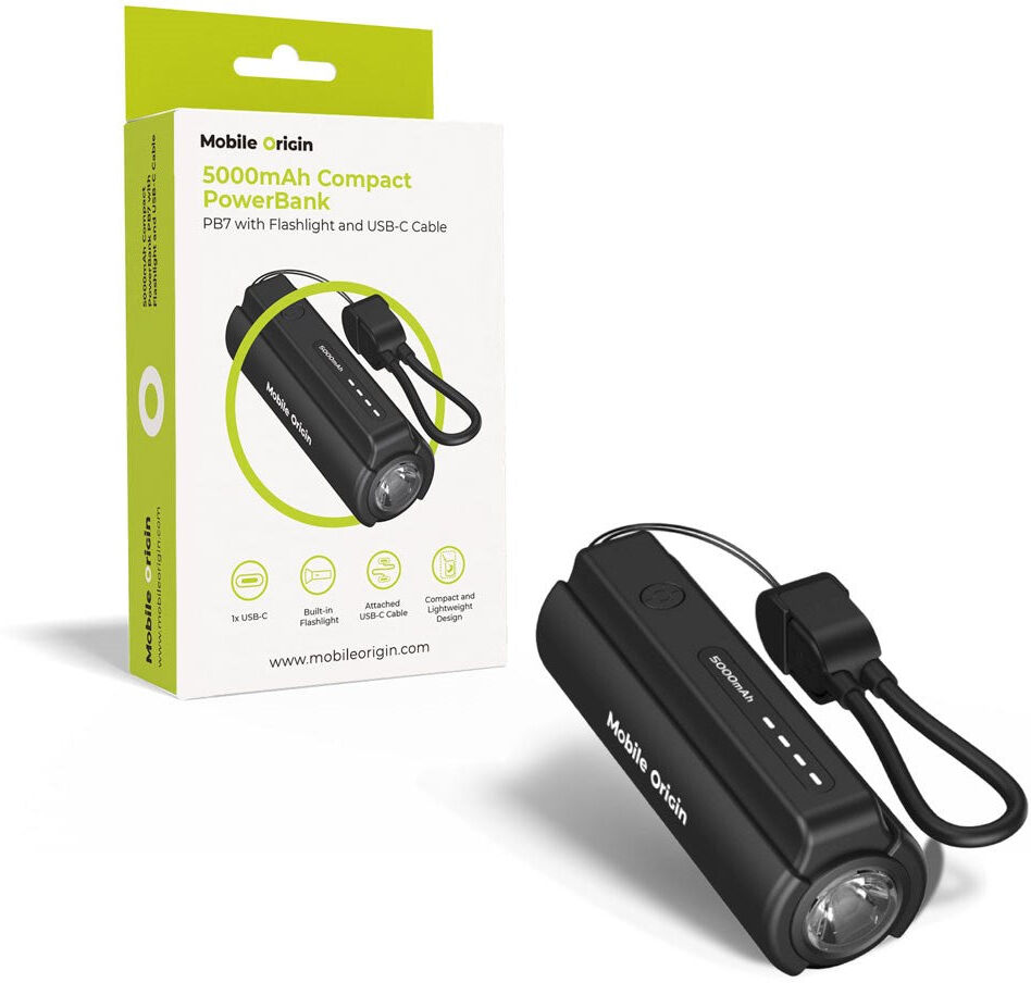 Mobile Origin Kompakt PowerBank - Lommelygte & USB-C Kabel -  5000 mAh - Sort