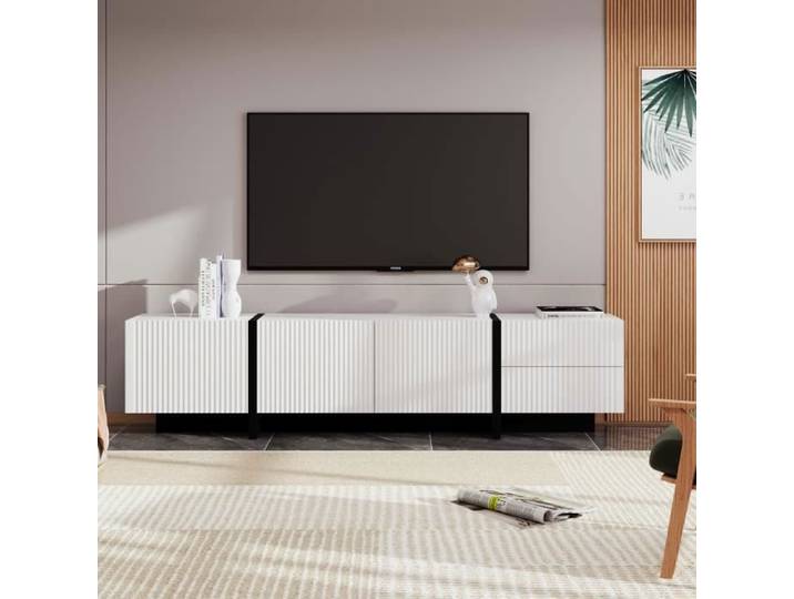 Meuble TV - Blanc + Noir - 190x35x45cm - 3 portes - 2 tiroirs - MDF+PB