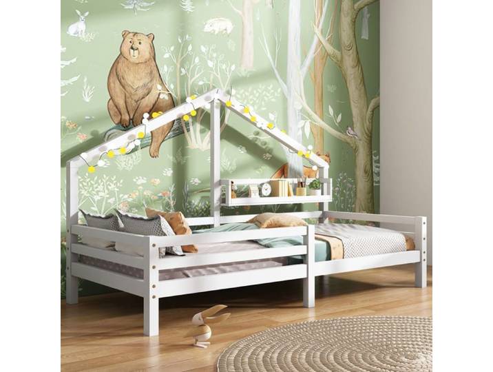 Lit cabane enfant 90x200 cm blanc avec étagère lit maison Montessori en bois structure de lit enfant avec rangement