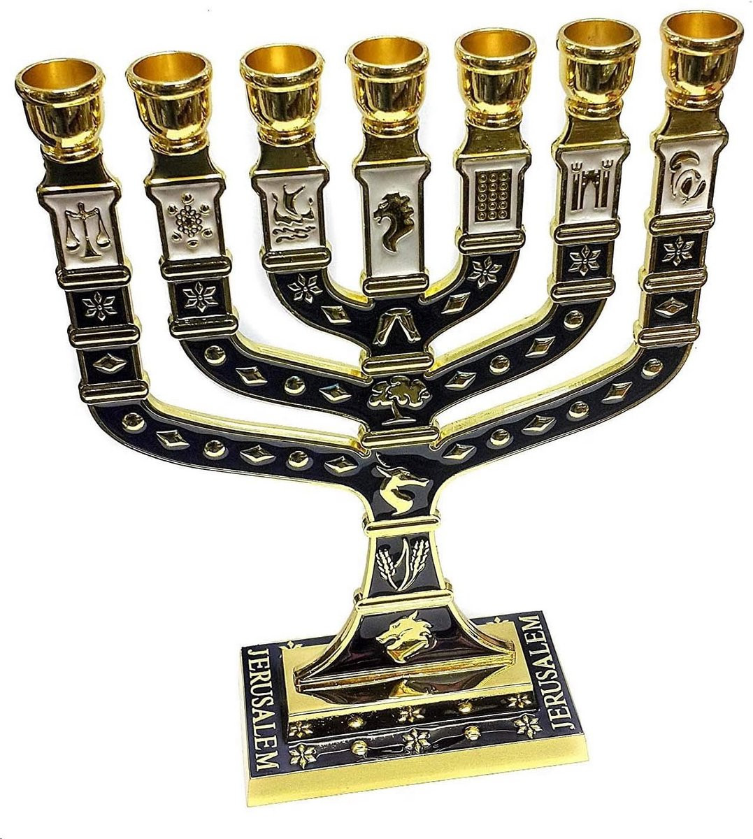 Blauwe Menorah met 7 armen en symbolen van de 12 stammen van Israël
