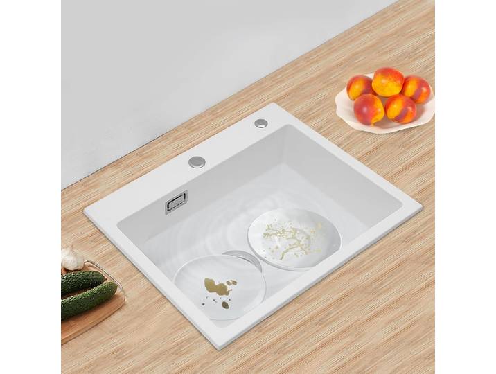 Évier de cuisine blanc 55 x 45 cm avec siphon en pierre de quartz rectangulaire pour meubles bas largeur 42,5 cm, évier de cuisine encastré compact