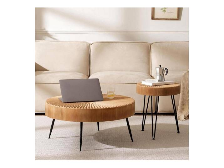 LuxusKollektion Couchtisch Couchtisch Set Rund Holz Linear (2-St)