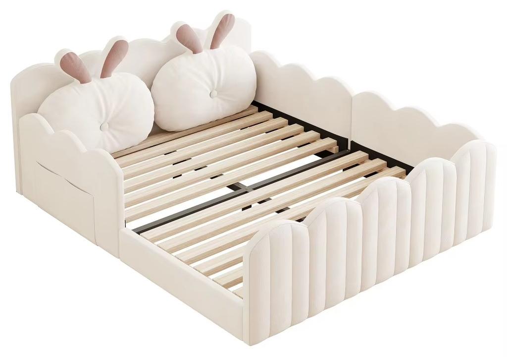 Hasenförmiges Bett - Etagenbett - Holzrahmen - Gepolstertes Kopfteil - Sicherheitsgitter - 140 x 200 cm - Beige