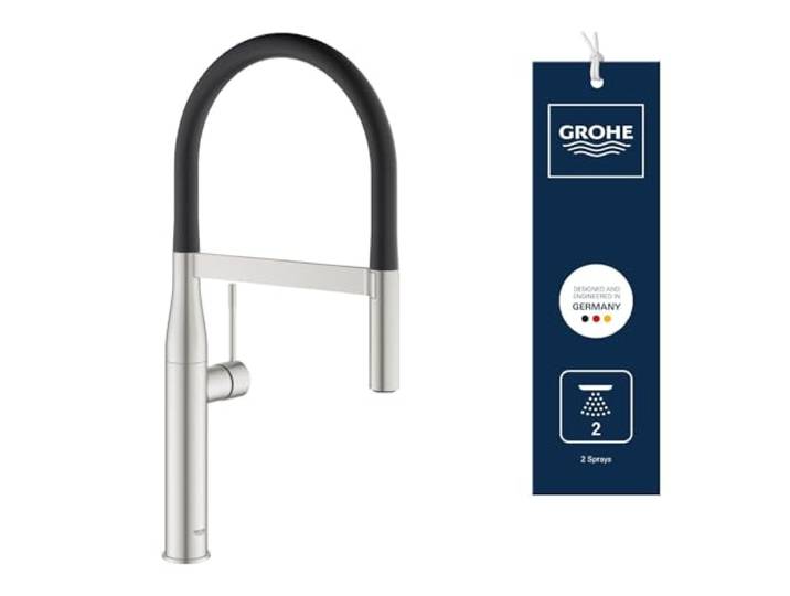 GROHE Essence, Küchenarmatur, ausziehbare Brause, 2 Strahlarten, Hochdruck Hoher Auslauf, 360° schwenkbar, Wasserhahn Küche, magnetische Profibrause, einfache Spülbecken-Montage (edelstahl, 30294DC0)