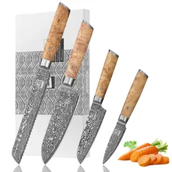 Zayiko Kinone 4er Damastmesser-Set I 8-20 cm Klingen I Wurzelholzgriffe Birke