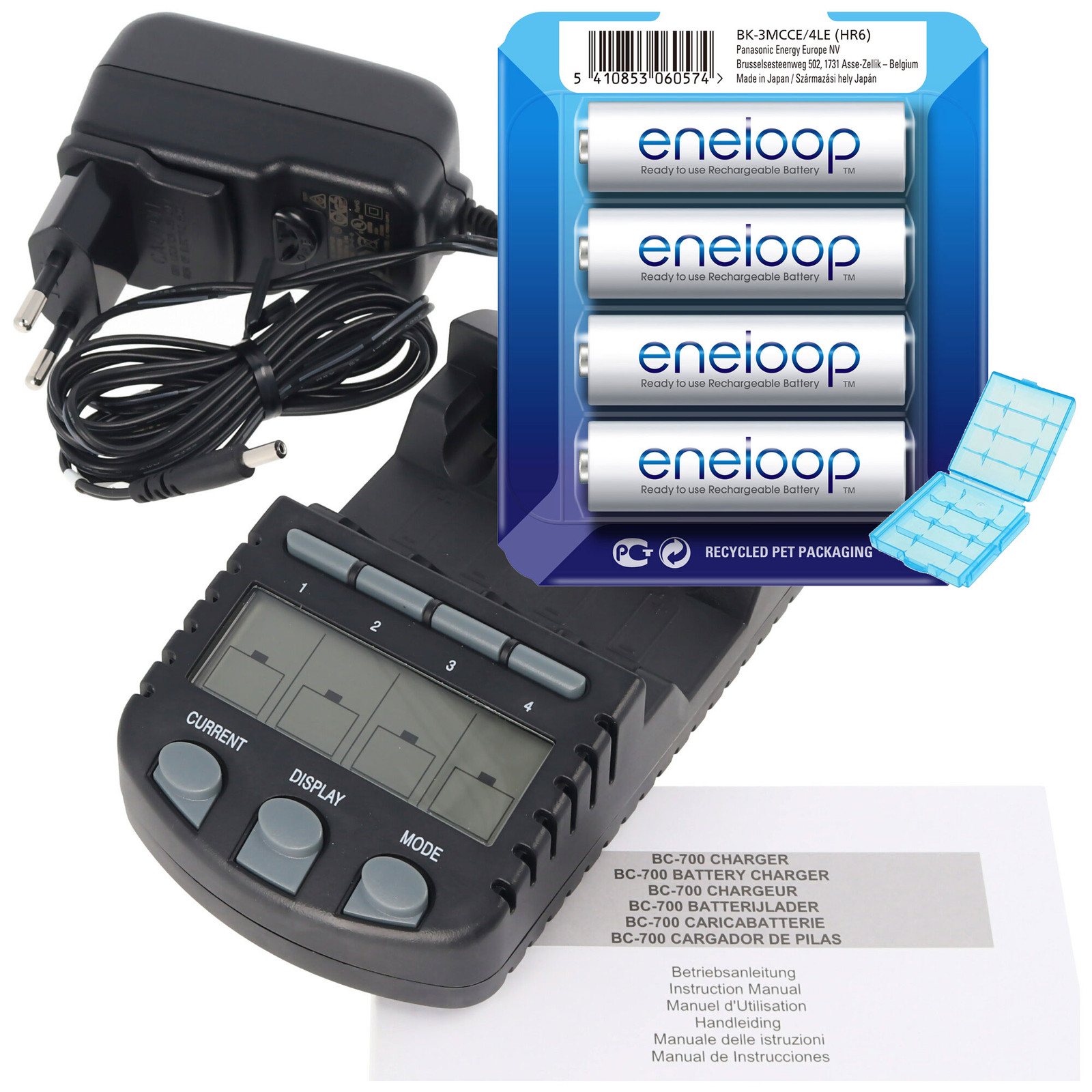 Technoline BC 700 acculader zwart met 4x eneloop HR-3UTG en AccuCell batterijhouder