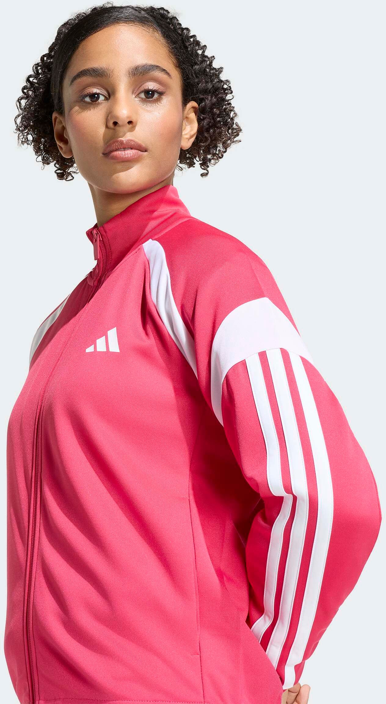 Trainingsanzug ADIDAS SPORTSWEAR "TEAMSPORT", Damen, Gr. L, pink (power pink, weiß), Obermaterial: 100% Polyester, Sportanzüge Trainingsanzug, für Erwachsene, 2-teilig, aus Polyester power pink, weiß L