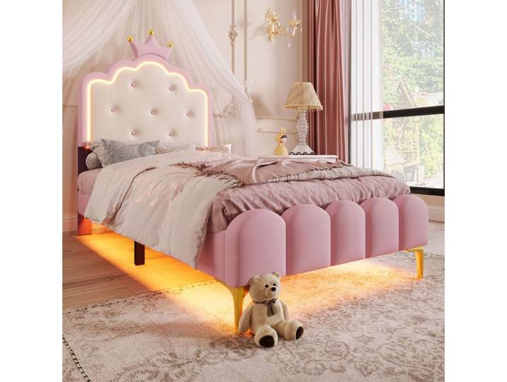 Lit rembourré 90x200cm avec sommier à lattes (sans matelas) lumière D'ambiance avec télécommande forme princesse héritière rose