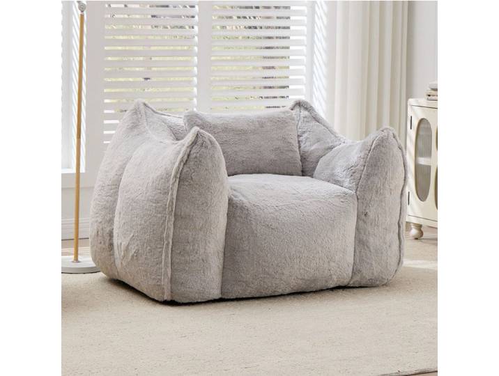 Fauteuil pouf géant gris en faux fur avec coussin sans montage intérieur