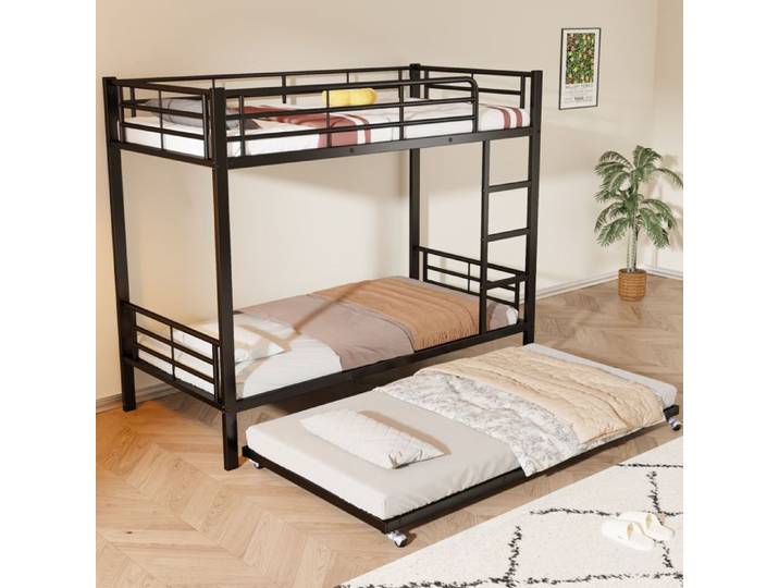 ROVRYN Lit superposé métal noir avec lit gigogne 3 places 90 x 200 cm et 90 x 190 cm