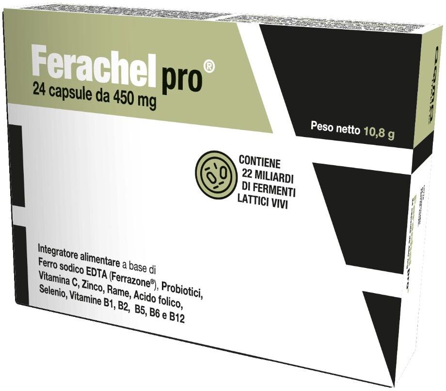 AQMA ITALIA Srl Ferachel Pro 24 Capsule, Integratore ferro e probiotici per energia e intestino