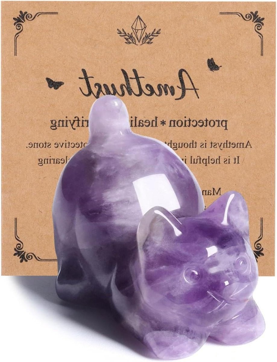 Handgesneden Amethist Kat Beeldje - Kristallen Kat Ornament voor Huisdecoratie - 4 cm
