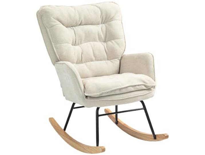 HOMCOM Schaukelstuhl mit Rückenlehne, Holzkufen, Schaukelsessel Beige Sessel, Relaxsessel mit Chenilleoptik, Schwingsessel, Stillsessel, für Wohnzimmer, Schlafzimmer, Balkon