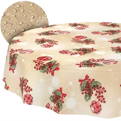 Weihnachtstischdecke Stofftischdecke Tischwäsche Tischdecke abwaschbar Tischtuch Baumwolle Polyester Beige - Rund 100 cm, Schnittkante