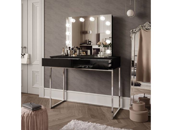 Schminktisch BLANCO GLAMOUR ELITE mit Spiegel und Beleuchtung schwarz Hochglanz