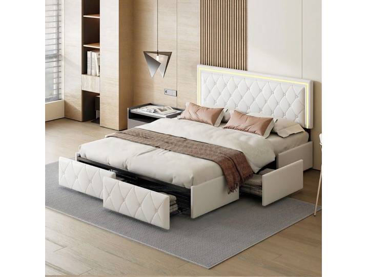 Lit Coffre - TIMPFEE - 160x200 cm - Tête de Lit LED - 4 Tiroirs - PU Cuir Blanc