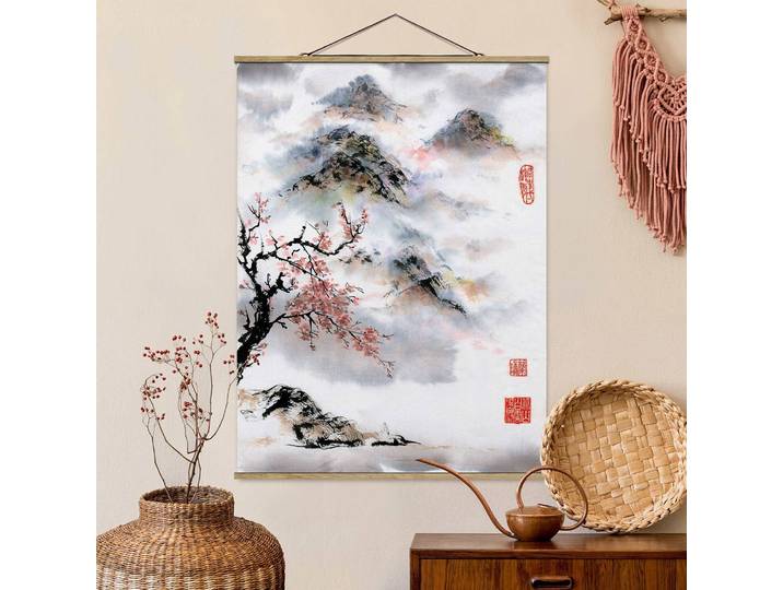 Stoffbild Kirschbaum & Berge Webstoff Grau 80 x 107cm