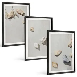 BILDER SET 3er Set - 40x60 cm Schwarzer Rahmen - Boho-Stranddekorationen aus Steinen