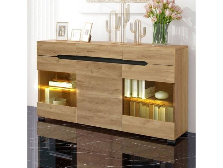 Buffet moderne LED 3 portes 3 tiroirs grand espace rangement salon meuble salon 140x35x80cm Finition Chêne
