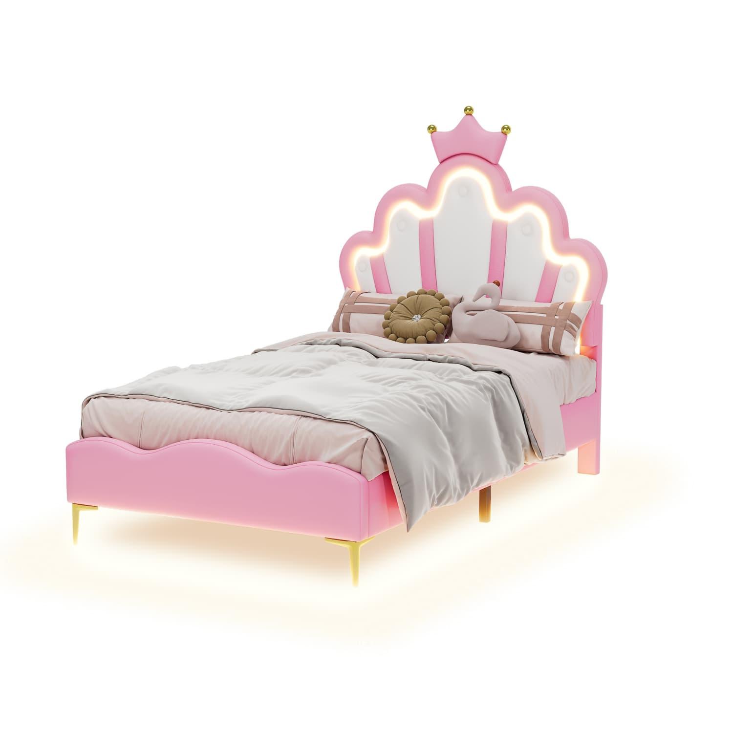 Polsterbett,90*200cm,kronenförmiges Prinzessinnenbett , weiche Polsterung aus Kunstleder, verstellbarer LED-Umgebungslichtstreifen, Rosa