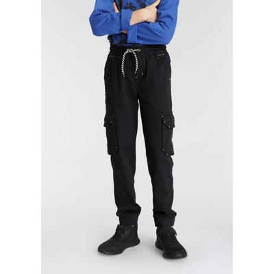 Cargohose KIDSWORLD "bequeme Schlupfform mit Stretch", Jungen, Gr. 146, N-Gr, schwarz, Web, Obermaterial: 98% Baumwolle, 2% Elasthan, unifarben, Basic, regular fit lang, Hosen Cargohose, Praktische Cargotaschen, bequeme Passform