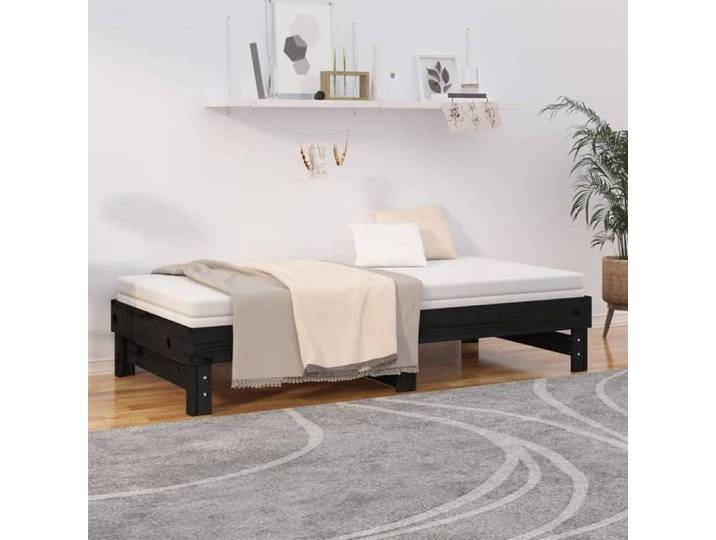 Lit coulissant en bois - UU - Noir - Bois de pin massif - 192 5x180x33 5 cm étendu - 192 5x95x33 5 cm non étendu