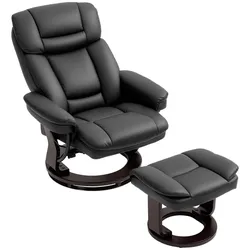 MODFU Relaxsessel mit Hocker aus Kunstleder, Schwarz, 86x83x107 cm, 360° drehbar, Liegefunktion