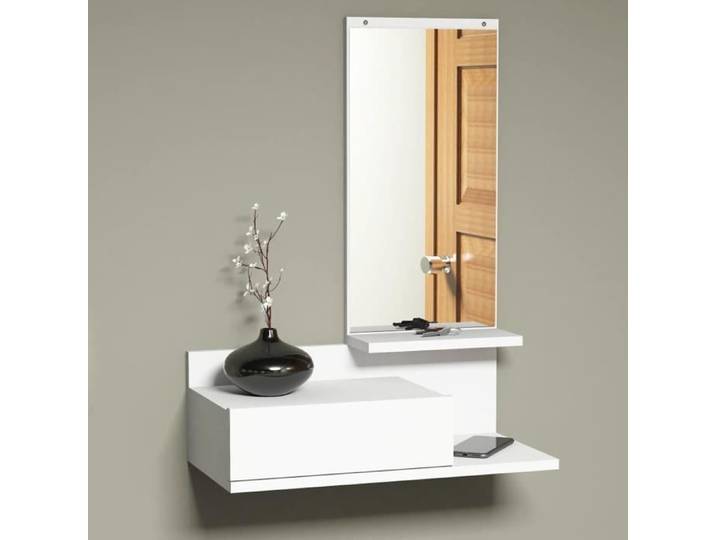 Étagère murale Gundsø pour entrée avec tiroir et miroir blanc