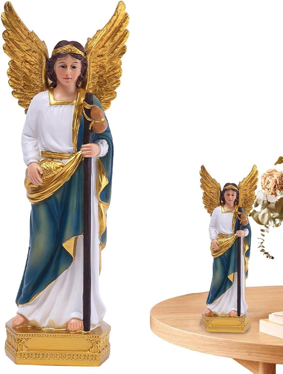 Handgeschilderd religieus beeldje Engel van San Raphael voor woonkamer decoratie, Hoogte: 23 cm