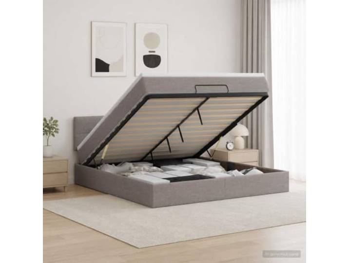 Ottomanbett mit Matratze, Taupe, 160 x 200 cm, Stoff Gasdruckfeder, verstellbares Kopfteil, Taschenfedern, Schaumstoff-Topper, feste Latten