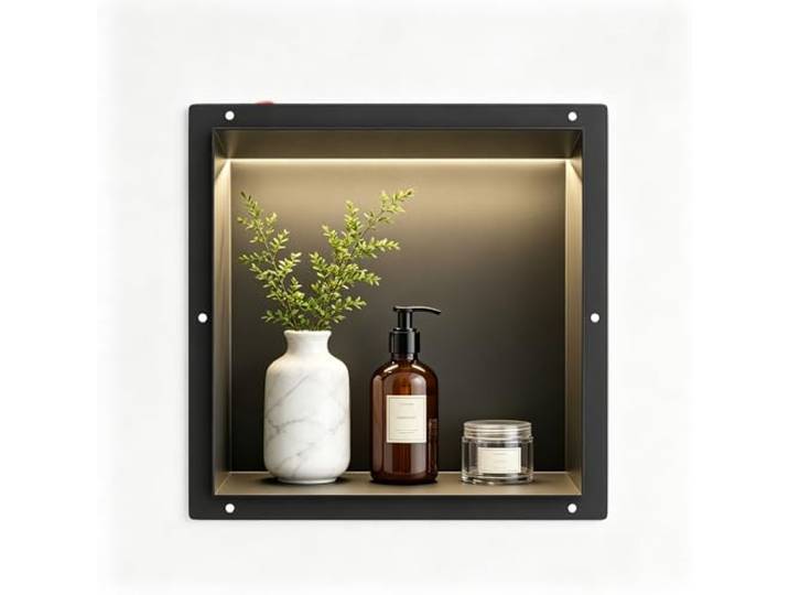 Bernkot Wandnische Dusche Edelstahl, wasserdichte Nische mit LED-Licht Eingebettete Duschnische 30x30x10cm, Einzelbett Duschnische, Eingebettete Lagerung im Duschraum, Schwarz
