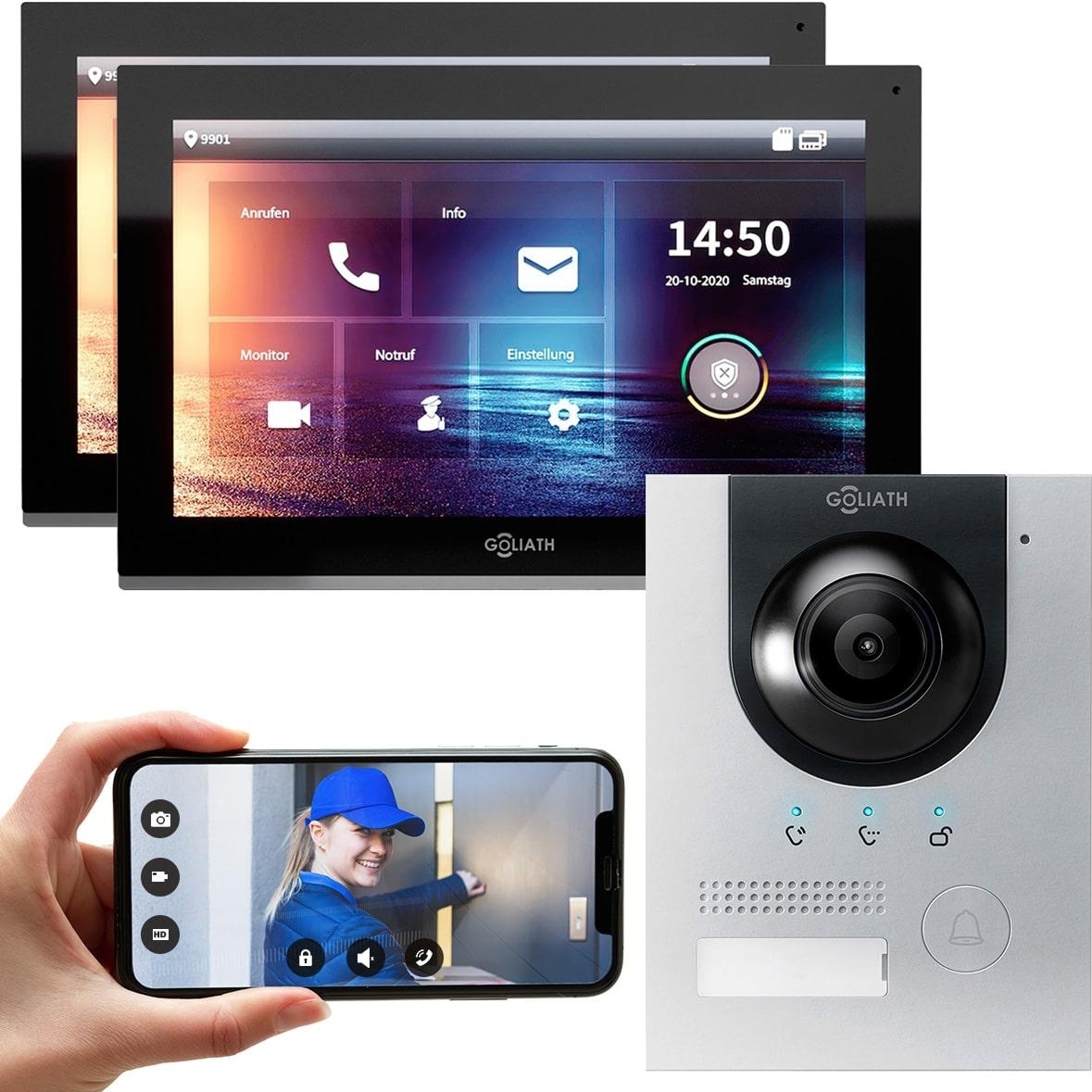 GOLIATH PRO IP Video Türsprechanlage | App | Silber | 1-Familien | 2x 10 Zoll | Unterputz | 180°