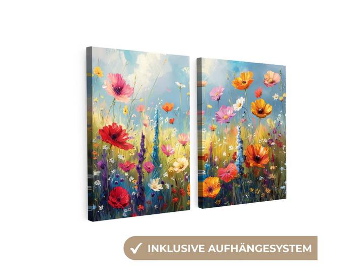 MuchoWow Leinwandbild 2er Set Blumen - Frühling - Farbenfroh - Sommerlich 60x40 cm, Orange, Kiefer, Rechteckig, 60x40 cm, Keilrahmen, Bilder & Rahmen, Bilder, Leinwandbilder