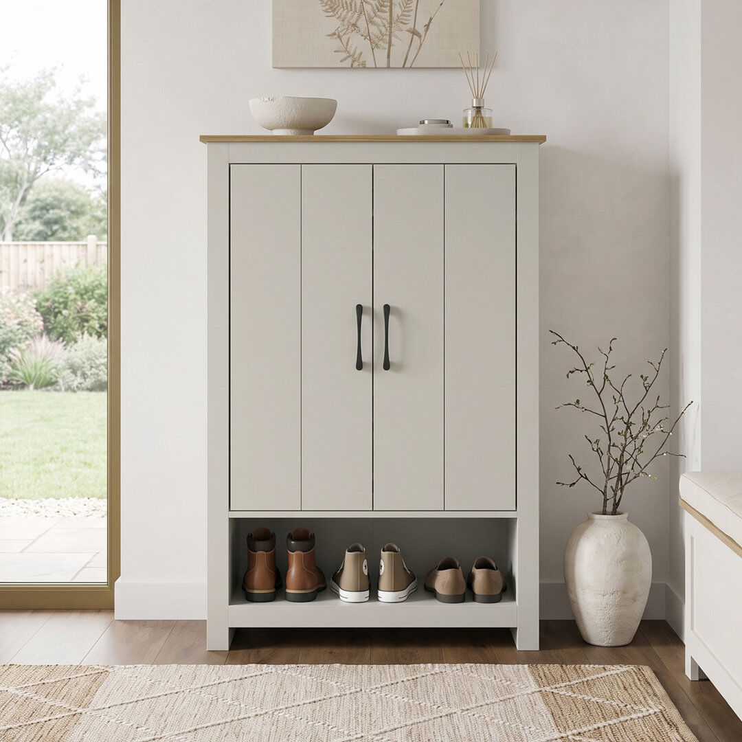 Latitude Run® Limestone 2 Door Shoe Cabinet with Open Shelves Light Grey 12