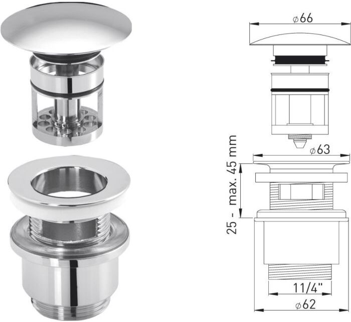 ASW Design-Exzentergarnitur 105609 1 1/4" x Ø 63 mm, mit Fangkorb, Ø 66 mm, verschließbar