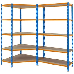 SimonRack Maderclick Eckregal aus Metall ohne Schrauben, 5 Böden + 1 Maderclick-Regal. Farbe BLAU/ORANGE/HOLZ 1800x1800x500 mm