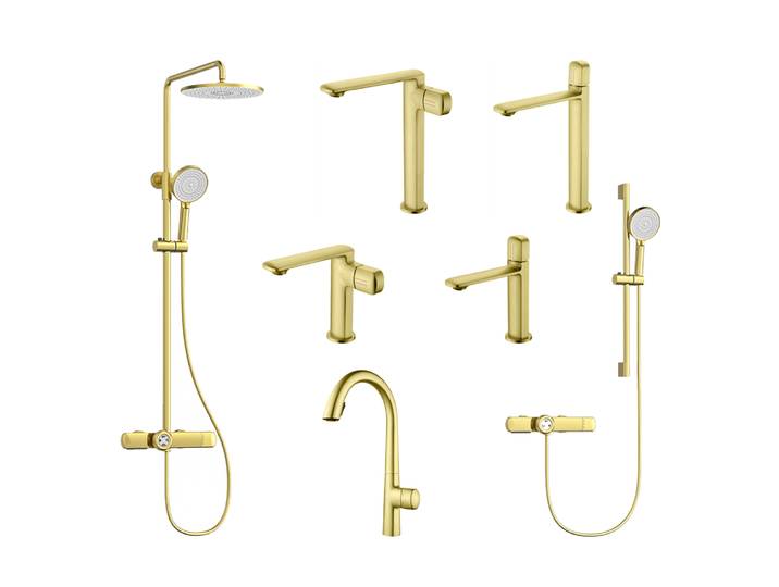 Robinets de cuisine de salle de bains en or brossé moderne, ensemble complet de robinets d'eau en laiton mélangeur, ensemble de douche thermostatique intelligent, robinet d'évier de lavabo Colonne de